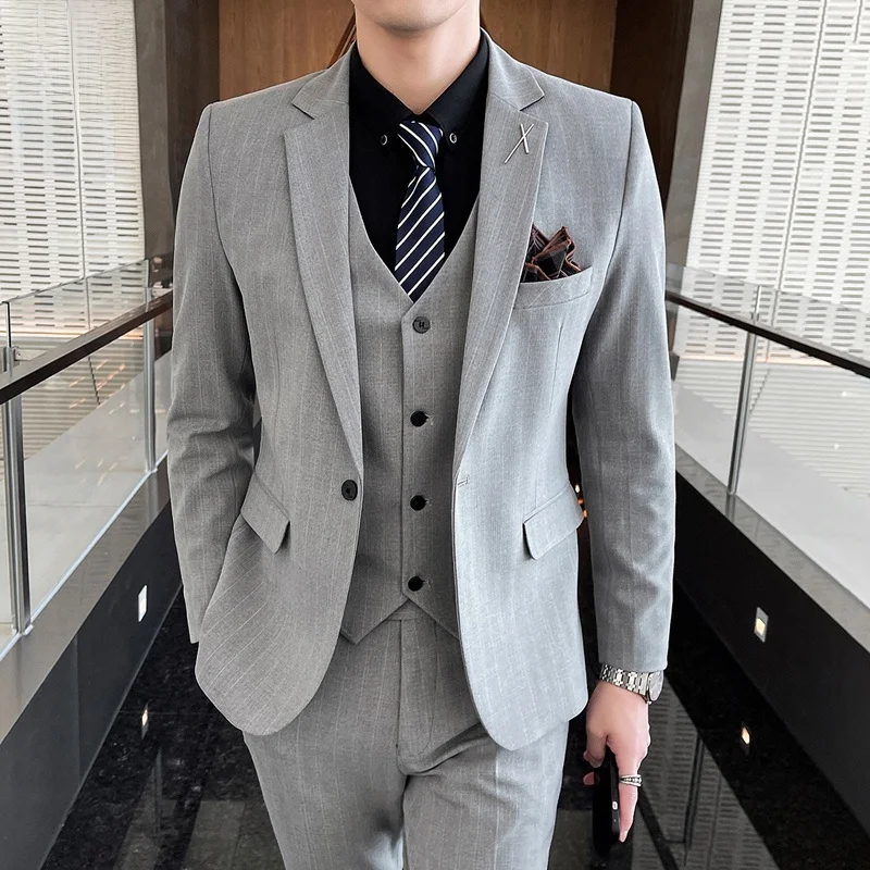 

Весенний мужской костюм для отдыха и свадьбы, приталенный, из смесового полиэстера, с плоским воротником, на одной пуговице, в полоску