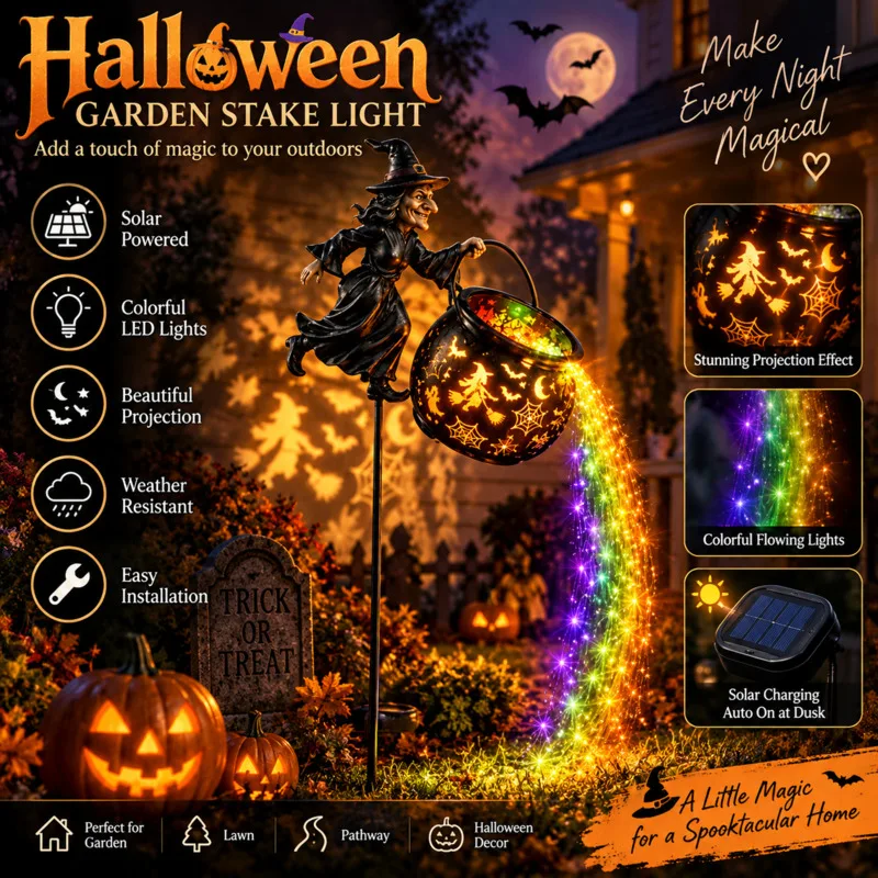 Halloween Solar LED Witch Cauldron, Garden Light Stake Outdoor, Spooky Yard Decor Glowing Rainbow, Pathway Lawn Lamp Party Gift