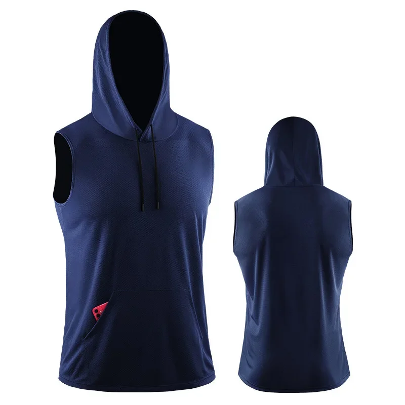 Custom logo men's hooded tank top loose fitness vest quick drying mesh running breathable top gym clothing singlet men