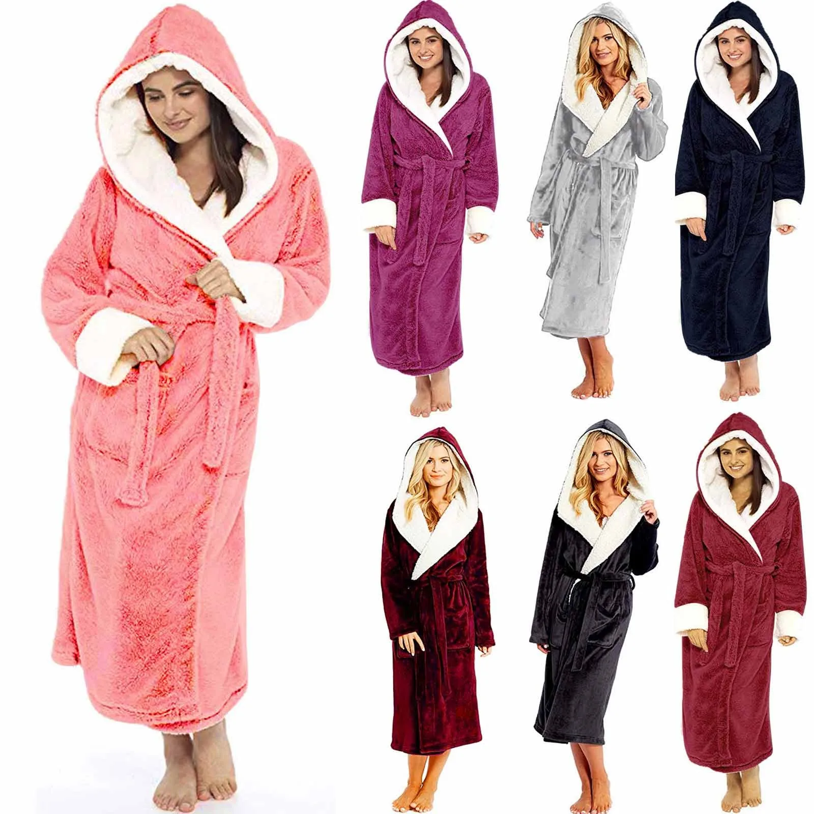 Women Winter Plush Hoodies Long Bath Robe Lengthened Shawl Hooded Bathrobe Warm Kimono Dressing Gown Flannel Bath Robe Sleepwear