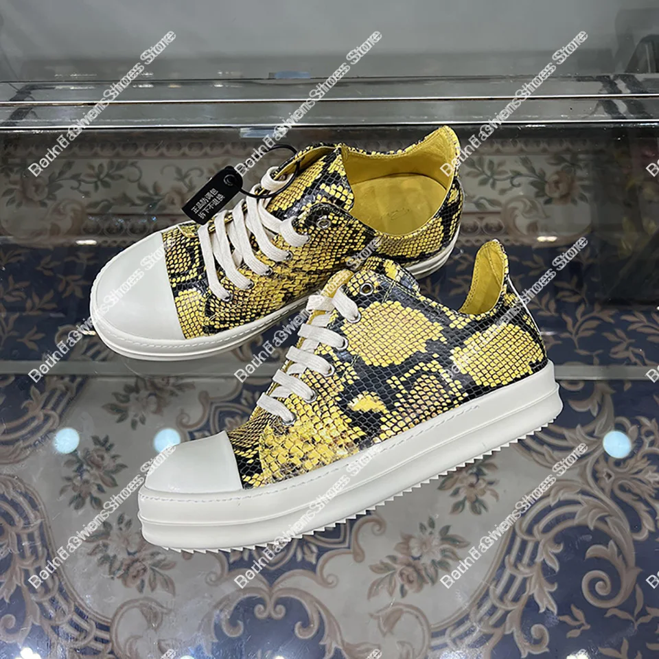 

RO Genuine Leather Python Patterned Yellow Black Low Top Men Women Casual Shoes Thick Soles Niche Board Luxury Sneakers Trend