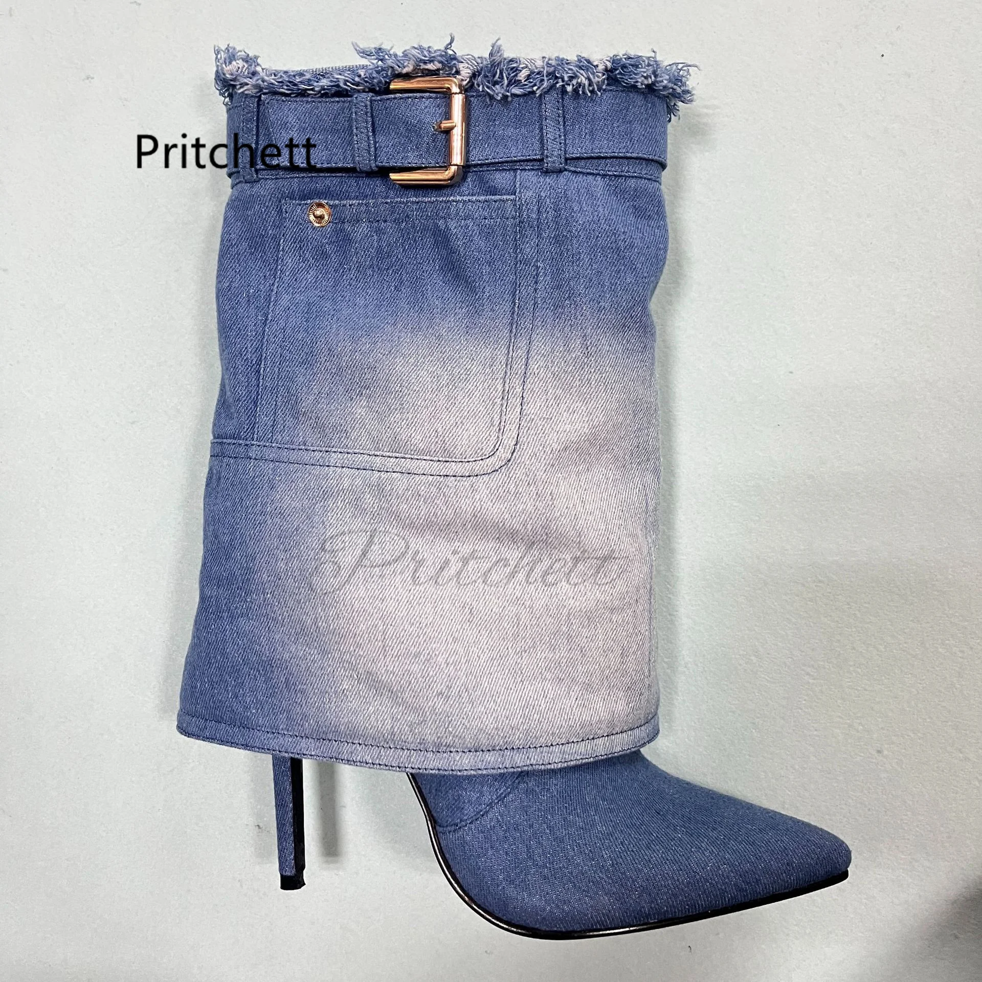 

Blue Denim Fabric Belt Buckle Women's Boot Pointed Toe Sexy Thin High Heels Mid-Calf Boots Autumn Winter Lady Shoes New In