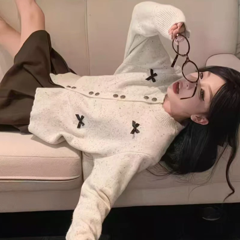 

Korean Chic Color Dot Knitted Cardigan Women's Fall and Winter New Large Size Age Reduction Loveliness Short Bow Sweater Jacket