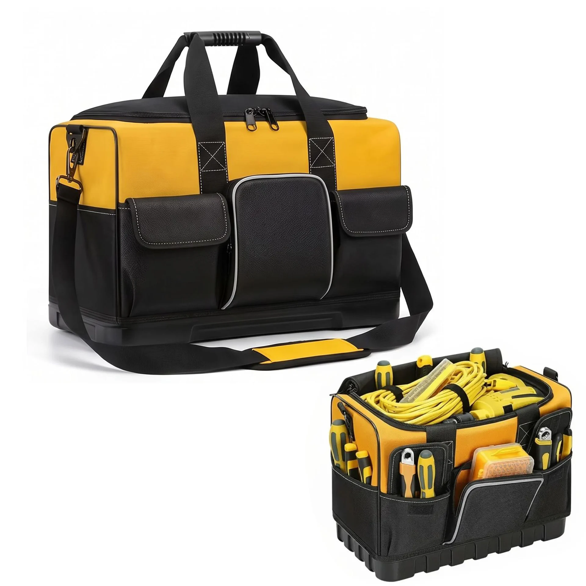 Hard-Bottom Tool Bag 45L Large Capacity, HDPE Base Wide Opening, Adjustable Shoulder Strap 8 Pocket Organizer for Tools
