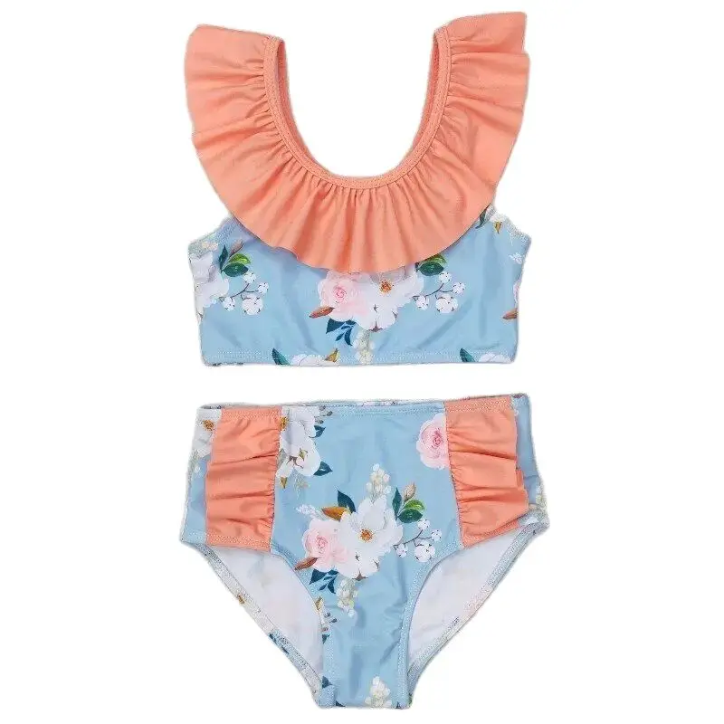 RTS Wholesale Baby Girls Flowers Blue Color Orange Ruffle Summer Kids Children Beach Wear Bikini Bows Swimwear Swimsuits