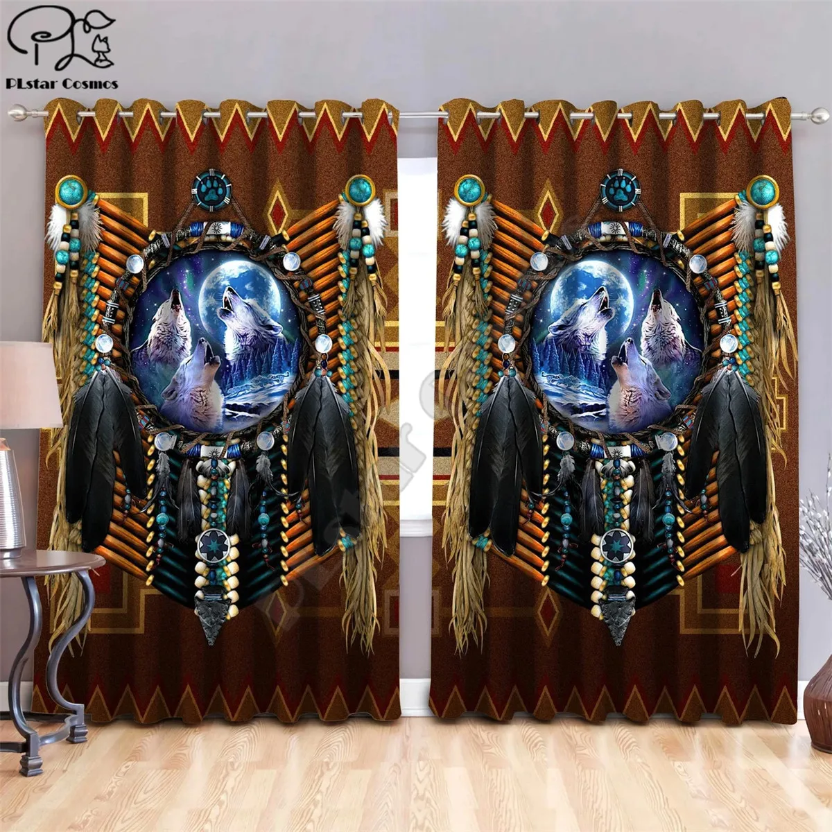 

Native Wolf Pattern All Over Printed Window Curtains Room Bedroom Home Decoration Sunshade Curtains 2 Pieces