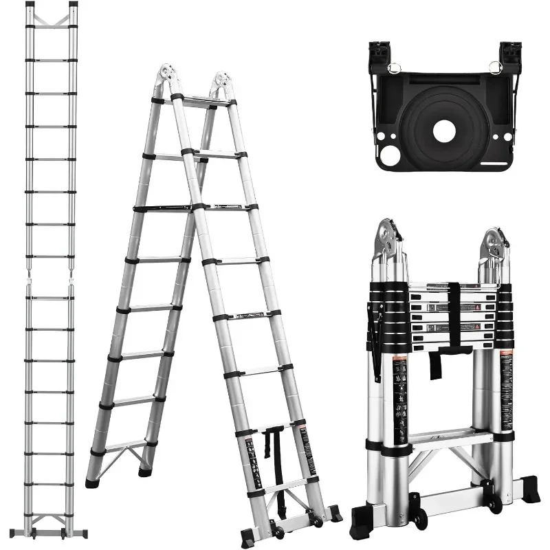 12.5 FT A Frame Telescoping Ladder, Portable Compact Aluminum Extension Ladder for Outdoor Camper Trips Motorhome,330lb Capacity