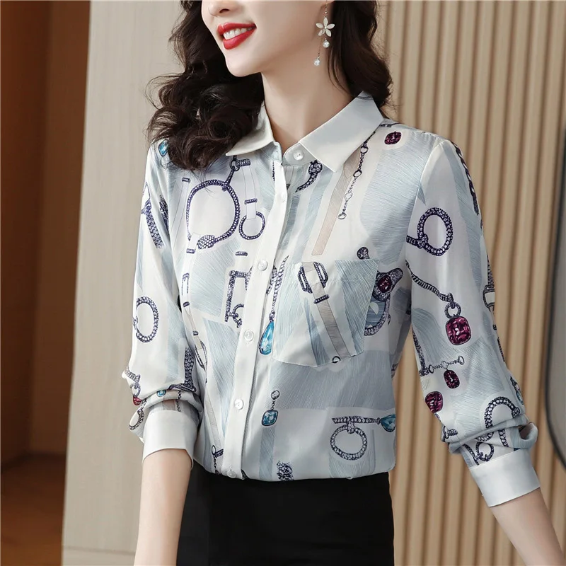 Women Clothing Chic Printed Loose Elegant Shirt Office Lady Fashion Casual Simple Pocket Mulberry Silk Blouse Spring Button Tops