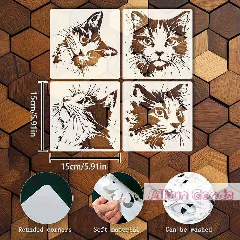 4Pcs/set Cat Painting Stencils, Reusable Hollow DIY Molds With Cute Kitten Pattern, Suitable For Wooden Signs, Walls, Journals