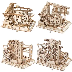 Robotime Rokr Marble Run Set 3D Wooden Puzzles Mechanical Model Kit Coaster Watermill Marble Channel Marble Fortress For Adult