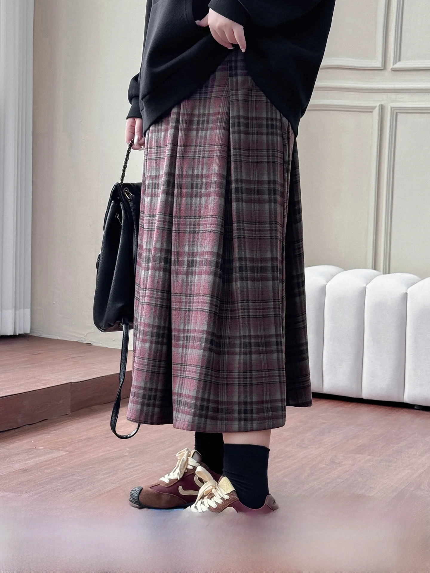 

Крутой женский модный комплект большого размера, осенне-зимняя утягивающая толстовка с капюшоном, клетчатая юбка, корейский свободный крой с высокой талией