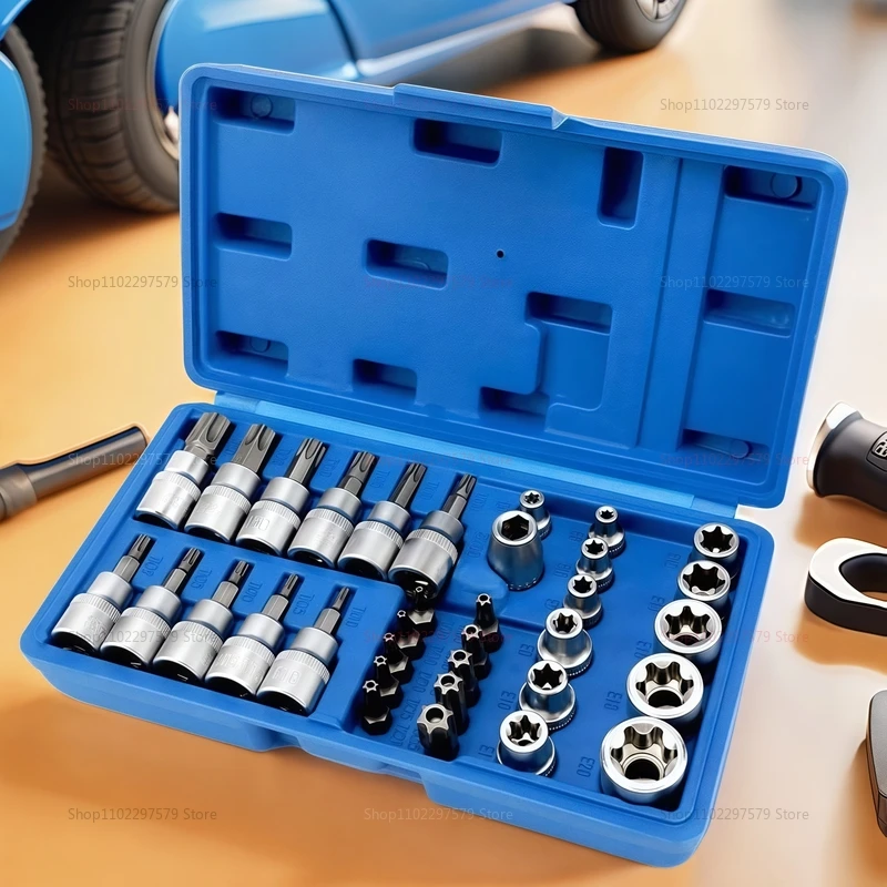 34 pçs torx estrela soquetes & bit conjunto com caixa macho/fêmea e-security bits unidade ferramenta portátil torque estrela soquete ferramenta de desmontagem