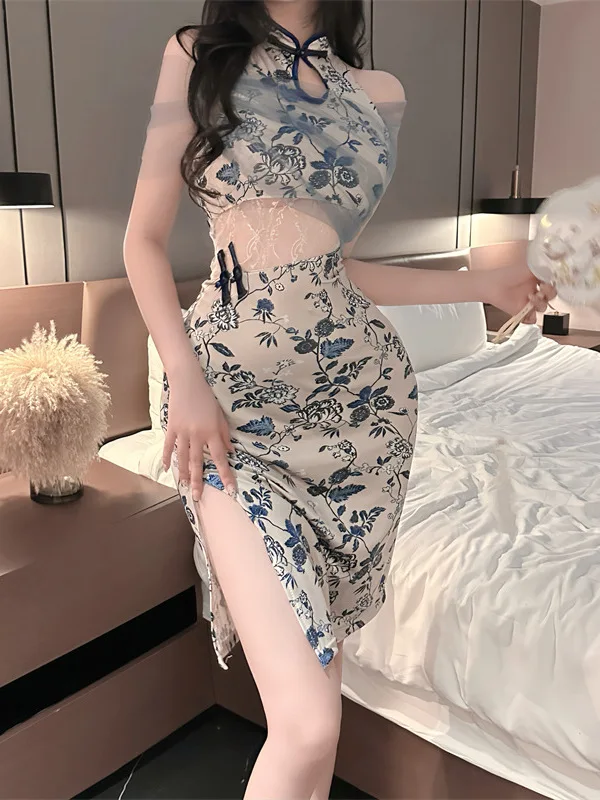 

Sexy Print Patchwork Perspective Cheongsam Uniform Improvement Slimming Side Slit Waist Hollow Printing Slim Women's Dress 7WEE