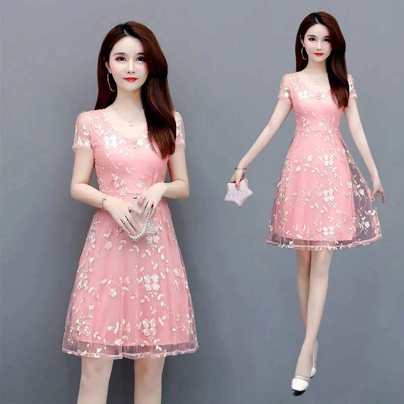 Women\'s Embroidered Floral Dress, Slim Dresses, Mesh, Large Size, Pullover, Long Skirt, Elegant, Fashion, New, Summer 2024