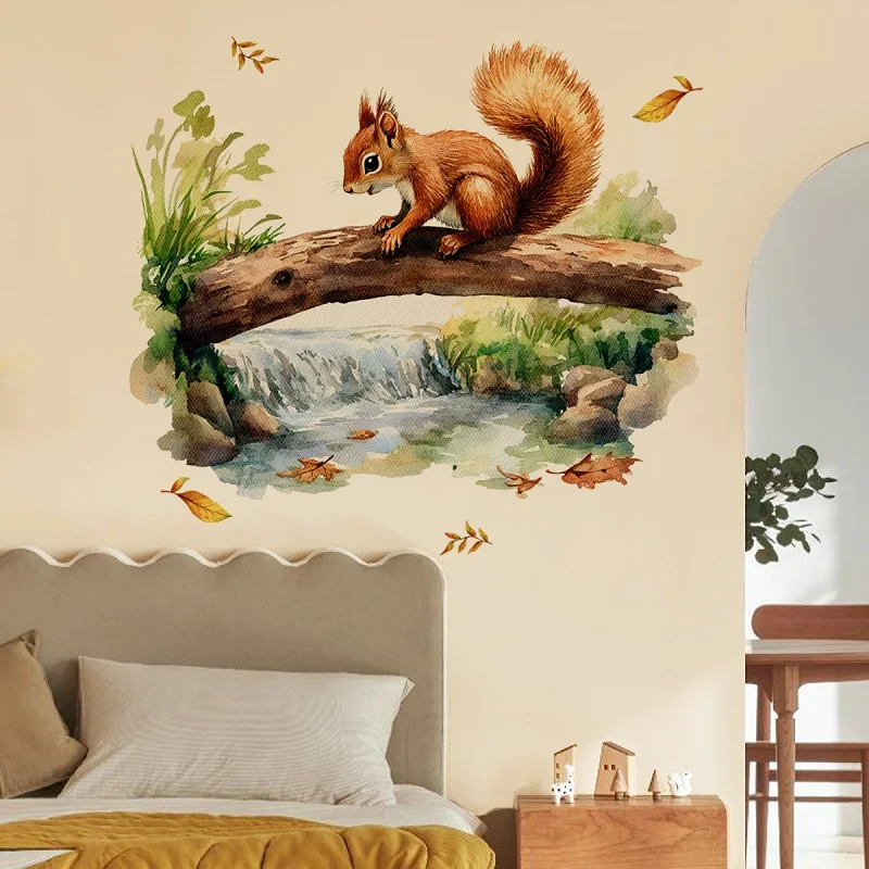 Creative Hand-Painted Animal Squirrel River Wall Decals Beautify Your Living Room Bedroom Self-Adhesive Squirrel Wall Sticker