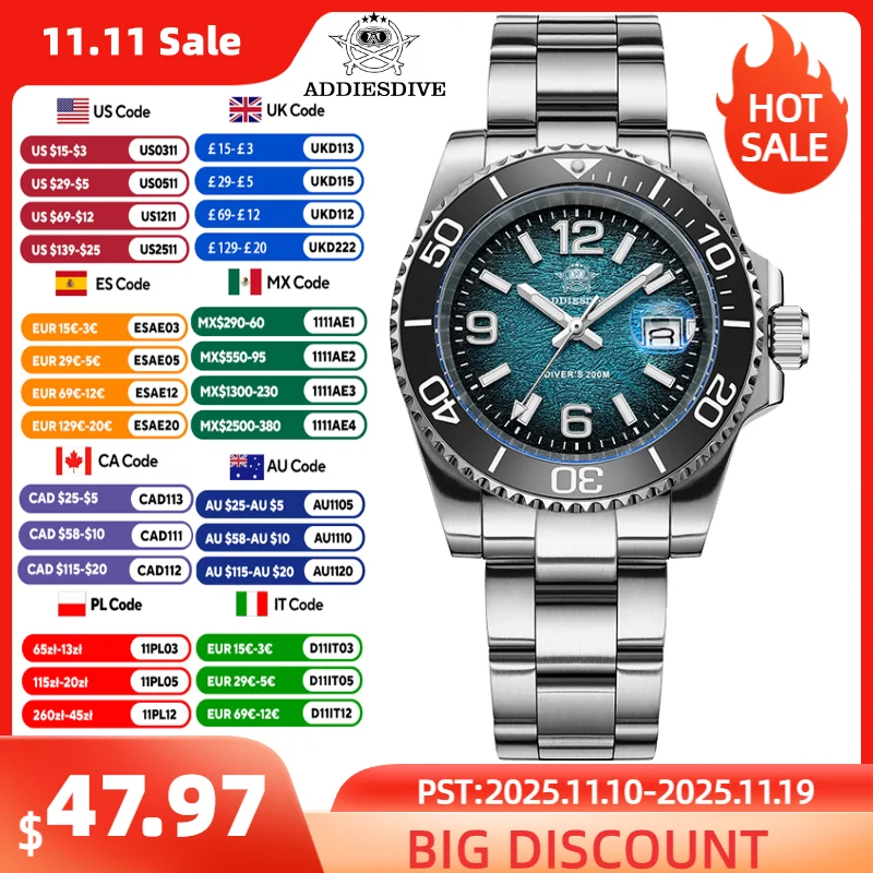 

ADDIESDIVE Watches Luxury Quartz Man Watch AD2513 Super Luminous Mineral Glass 200m Waterproof Stainless Steel Watches For Man