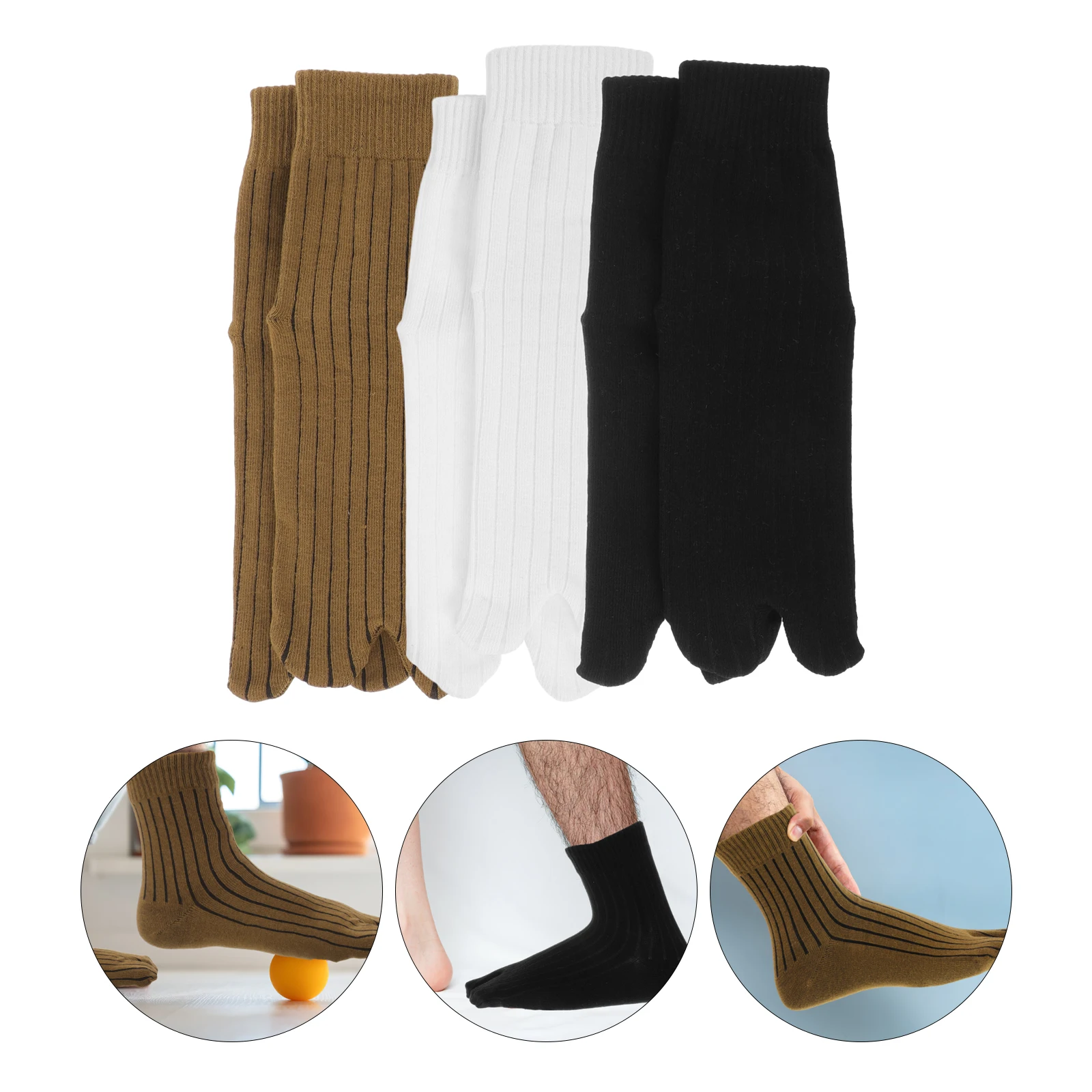 

3 Pairs Split Toe Socks Men Middle Tube High Ankle Cotton Black White Yellow Separated Toes Warm Comfort Fall Business Japanese