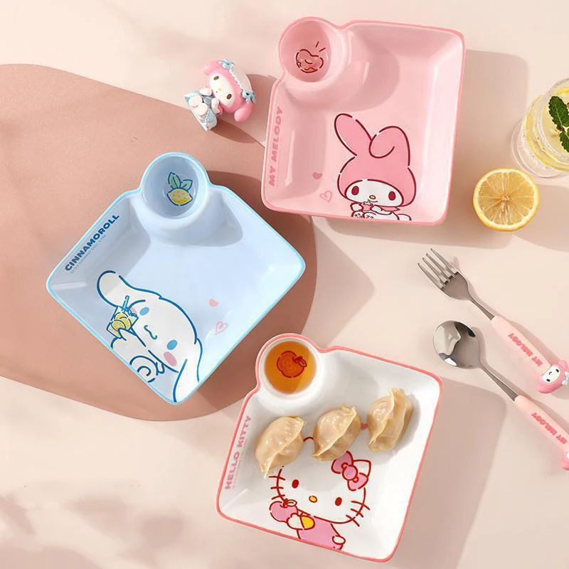 

Sanrio Kawaii Hello Kitty Divided Ceramic Dumpling Plate Cinnamoroll My Melody Anime Cartoon Household Children Breakfast Plate