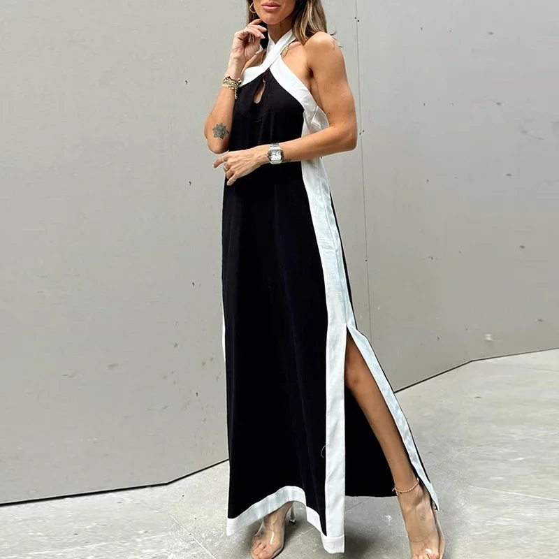 Elegant Cotton Linen Halter Long Dress Sexy Crossover Hang Neck Split Party Dress Women Fashion Colour Clash Loose Maxi Dresses