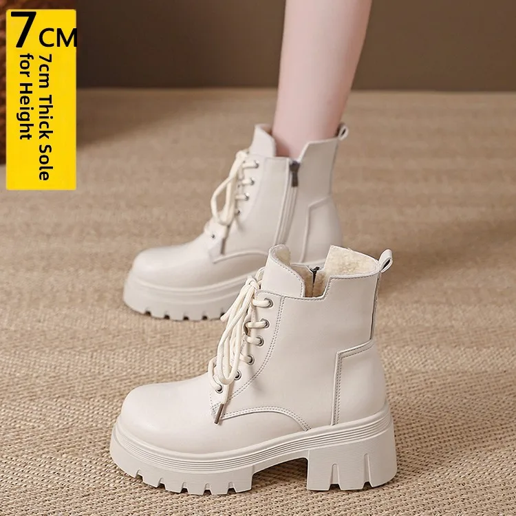 Botas para mujer, suela uesa, forro polar cálido, estilo británico, botas cortas de aodón para motocicleta, plat...