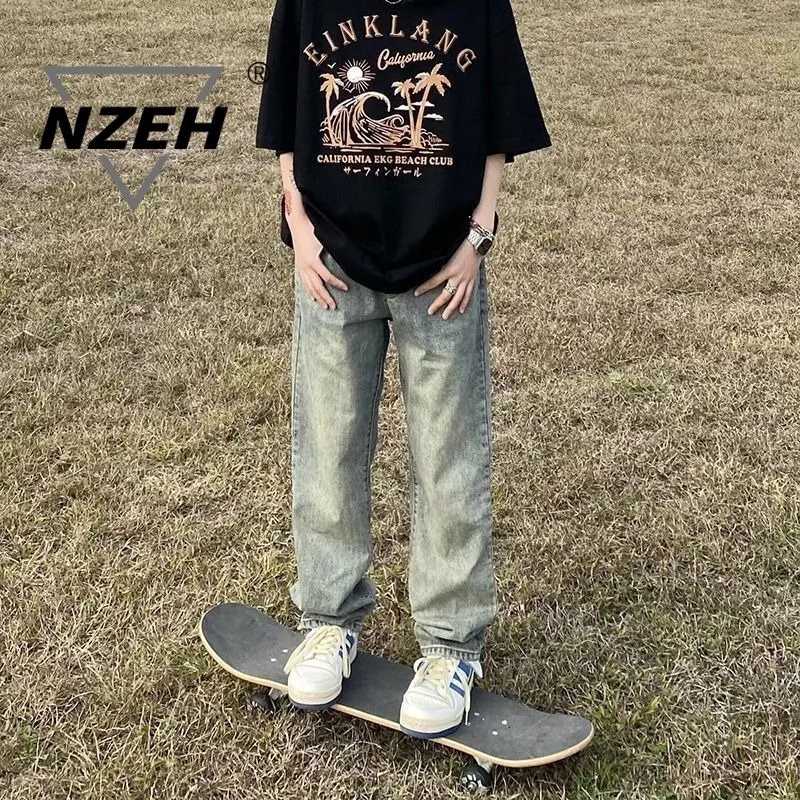 high quality American Style High Street Old Embroidered Jeans Men's Trendy Brand Street Loose Straight Long Pants