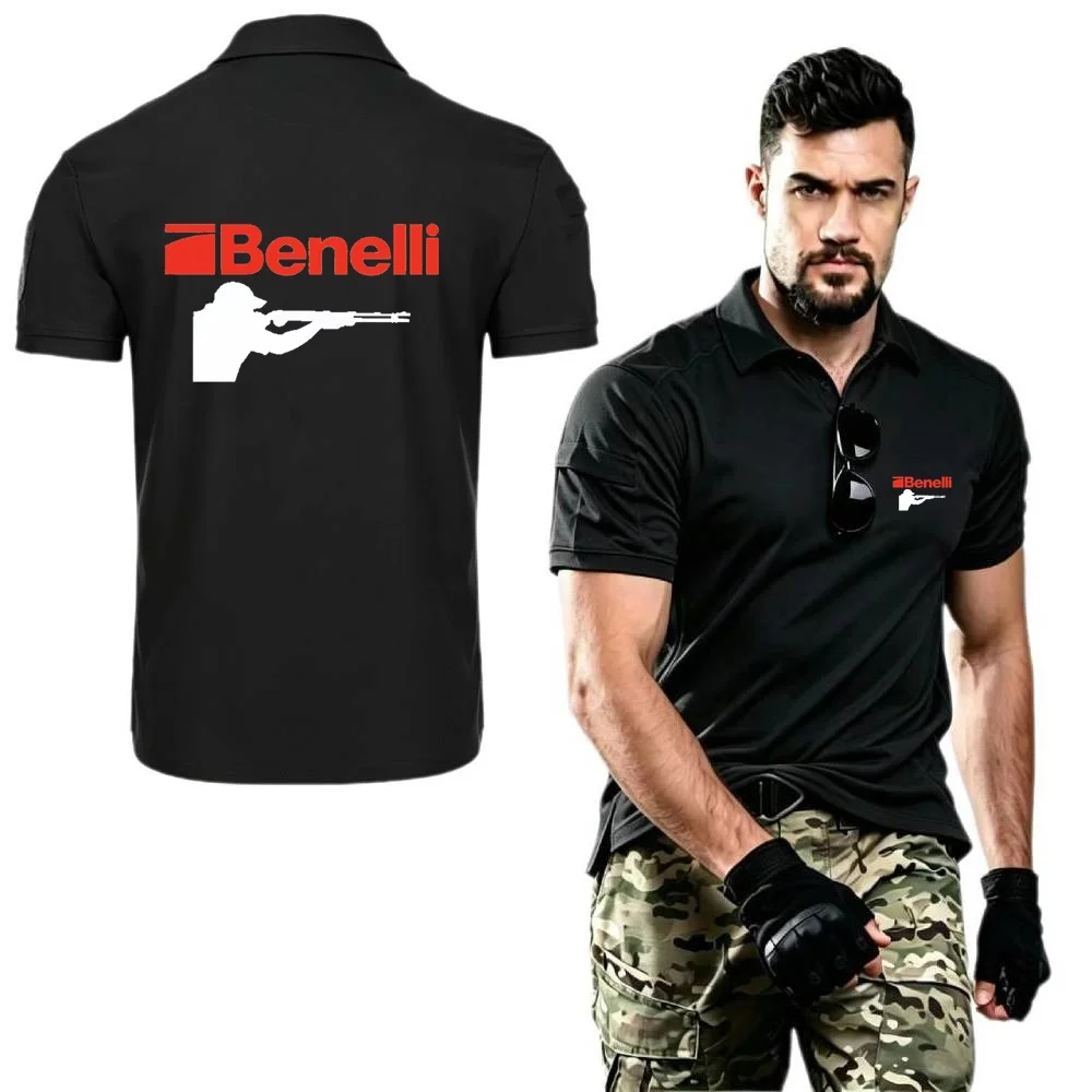 Mens Polo Shirt Military Tacitcal Training Short Sleeved Shirts Hunting BENELLI Gun Firearms Tops Tee Army Hiking Man Tshirt