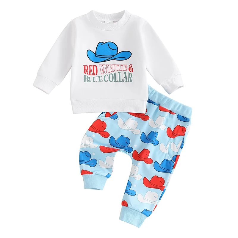 Boys Autumn 2PCS Outfit Sets Long Sleeve Letter Cowgirl Hat Print Sweatshirt Pants Sets