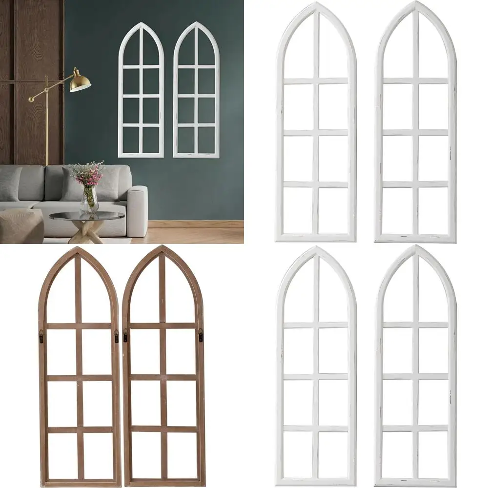 

Rustic White Wood Arched Window Frame Set, Handcrafted Distressed Farmhouse Style Faux Windows for Wall Decor in Living Room, Di