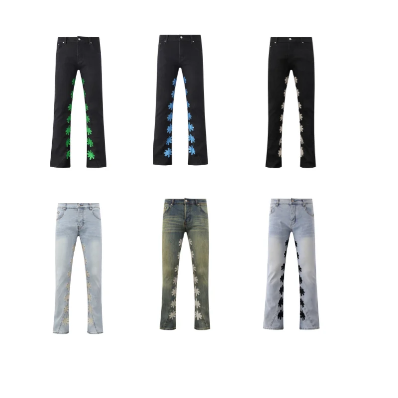 LOSTSHDWS Men's Embroidered Floral Flare Jeans – Vintage Washed Distressed Y2K Hip Hop Streetwear Denim Pants