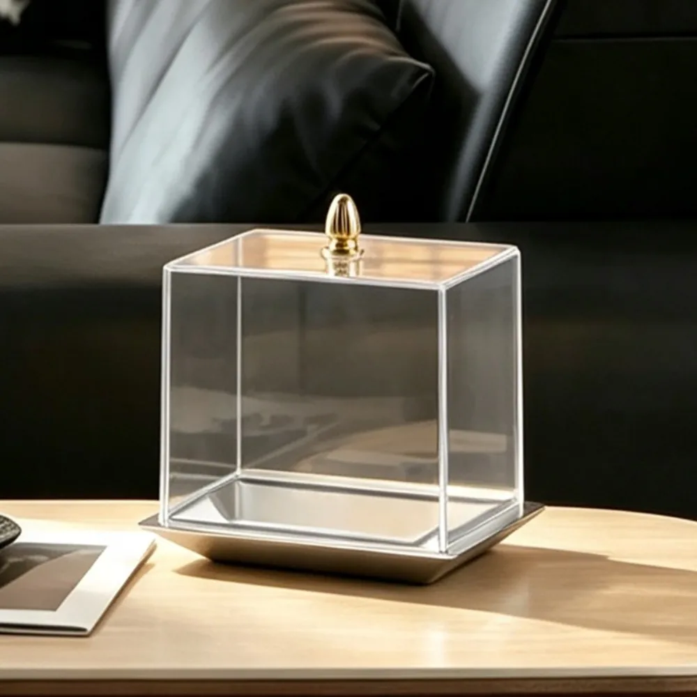 Square Acrylic Cake Dome with Metal Base Gold Knob Clear Dessert Display Cover Food Storage Box for Wedding Party Table Decor