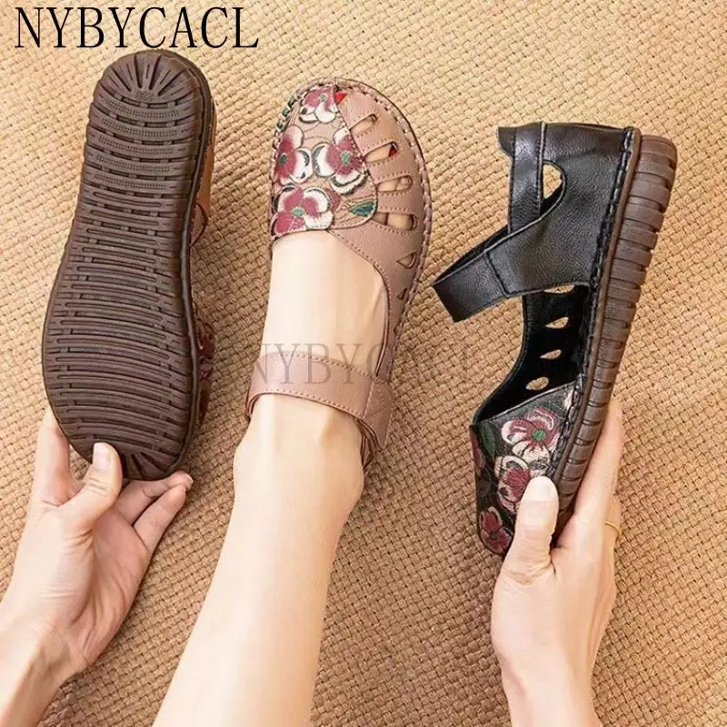 New Women Bohemian Vintage Style Flat Heels Sandals Summer Slingback Round Close Toe Shoes Woman Printed Genuine Leather 2022