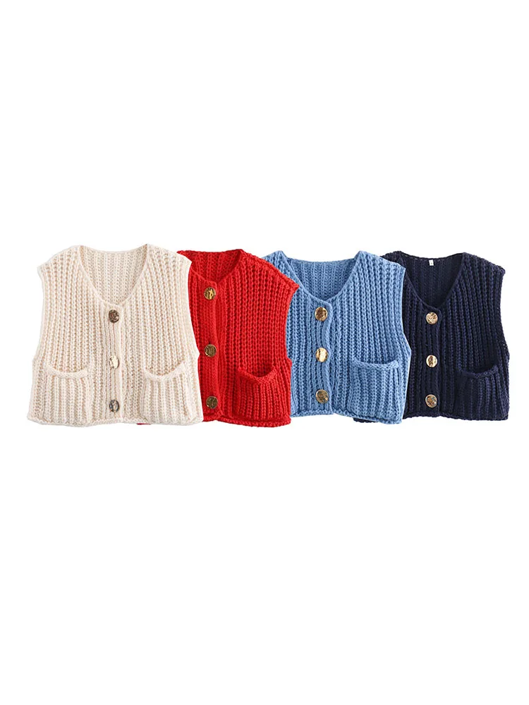 

2024 European and American style women's clothing new fashion all-match round neck thick needle knitted button vest