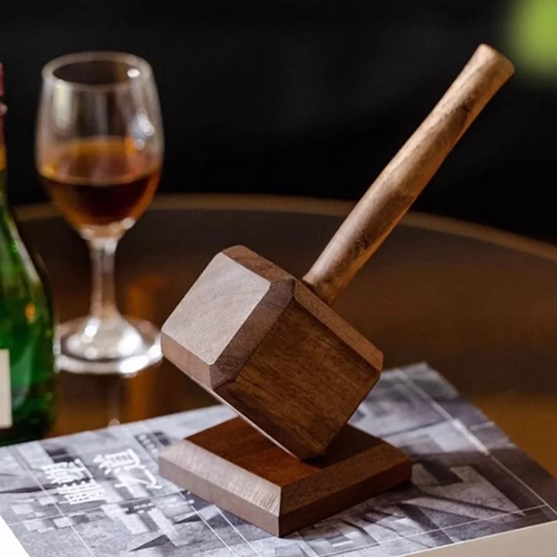 

Thor-Themed Solid Wood Decorative Bottle Opener Hammer-Shaped Corkscrew with Magnetic Holder Home Décor Accessory