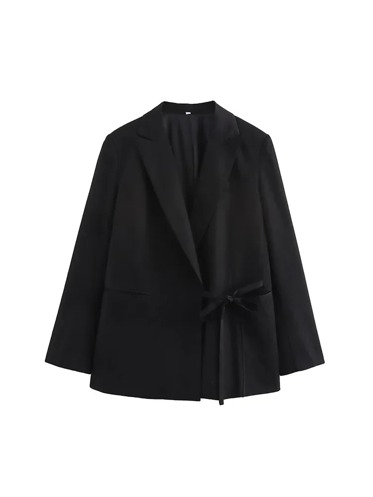 

Willshela Women Fashion Black Lace Up Blazer Vintage Notched Neck Long Sleeves Female Chic Lady Outfits