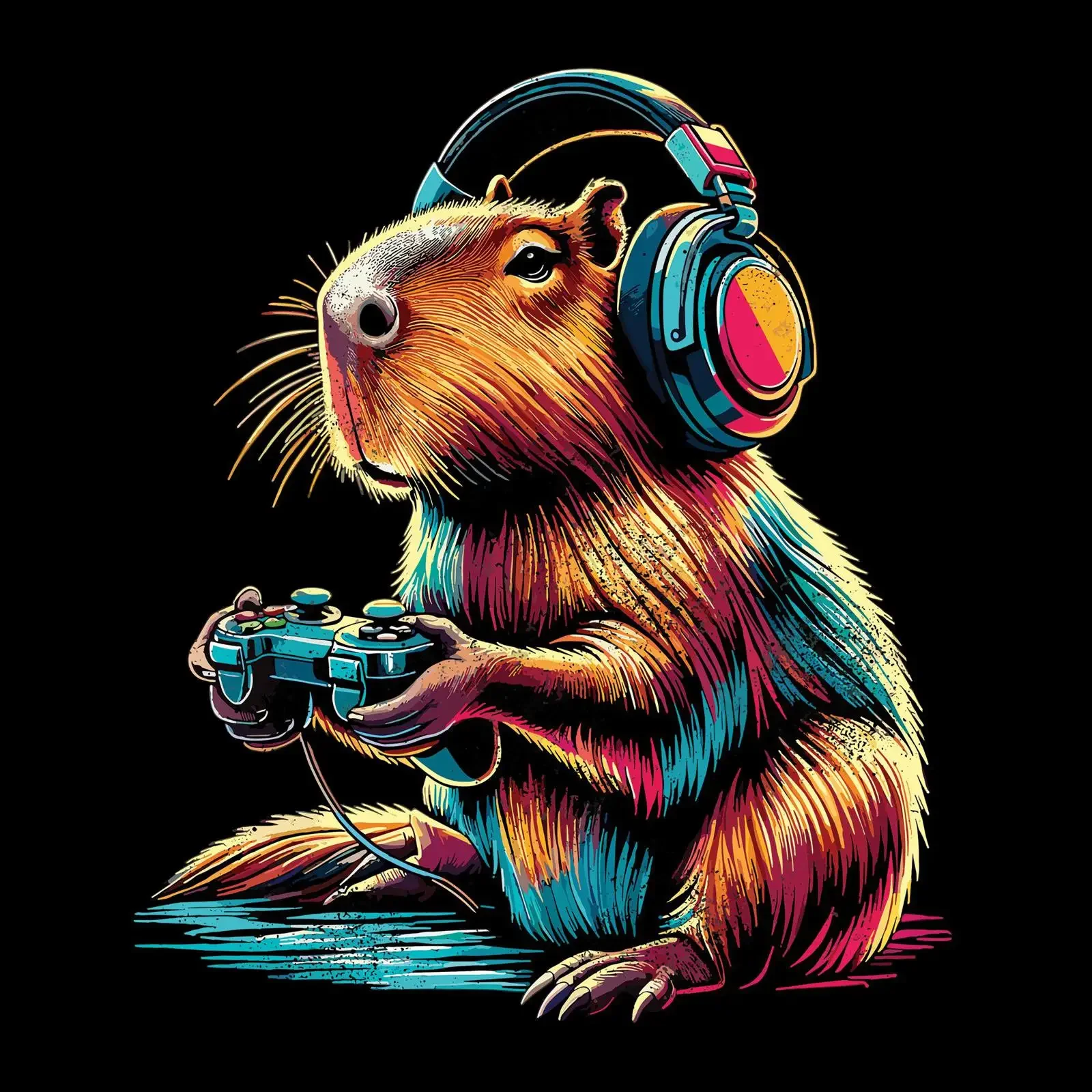 Funny Capybara Gamer with Headphone Gaming Cute Animal Lover T shirt Design PNG Instant Digital Download vintage Washed homme