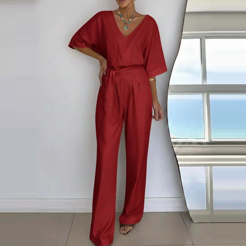 

2026 Fashion Belt Wide Leg Romper Women Casual Draped Solid Loose Party Playsuit Summer Elegant V-neck Half Sleeve Long Jumpsuit