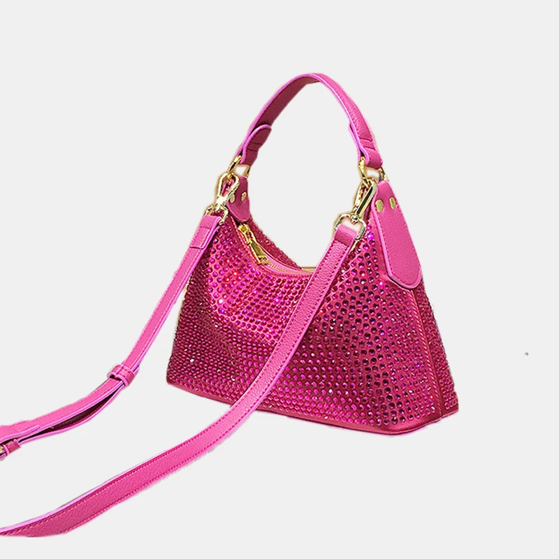 Shiny Rhinestone Hobos Evening Bags For Women Luxury Designer Handbags Purses 2023 New In Fashion Rose Red Shoulder Crossbody