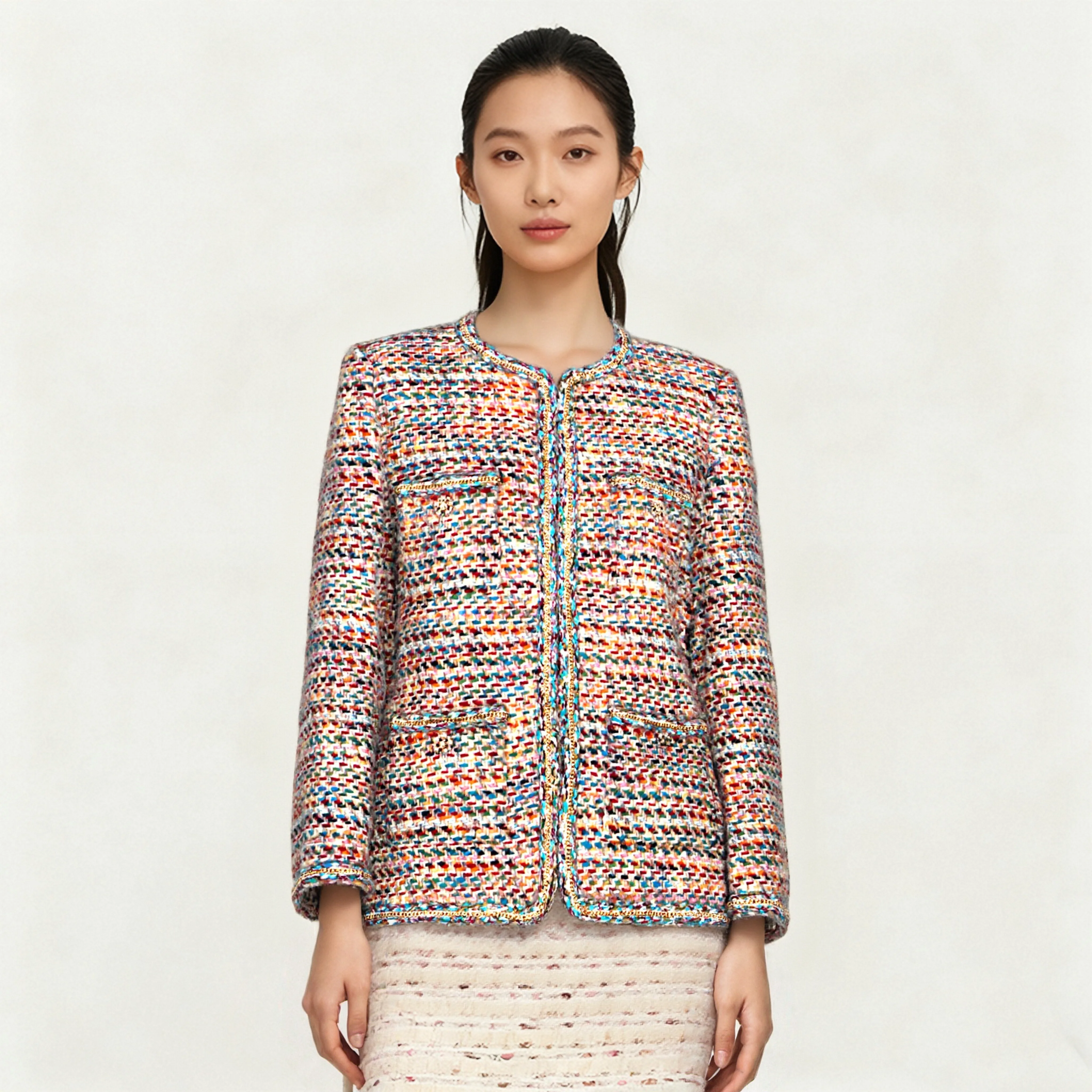 

Elegant Rainbow Strip Thick Tweed Jacket round Neck Versatile Fashionable Top Small Fragrance New