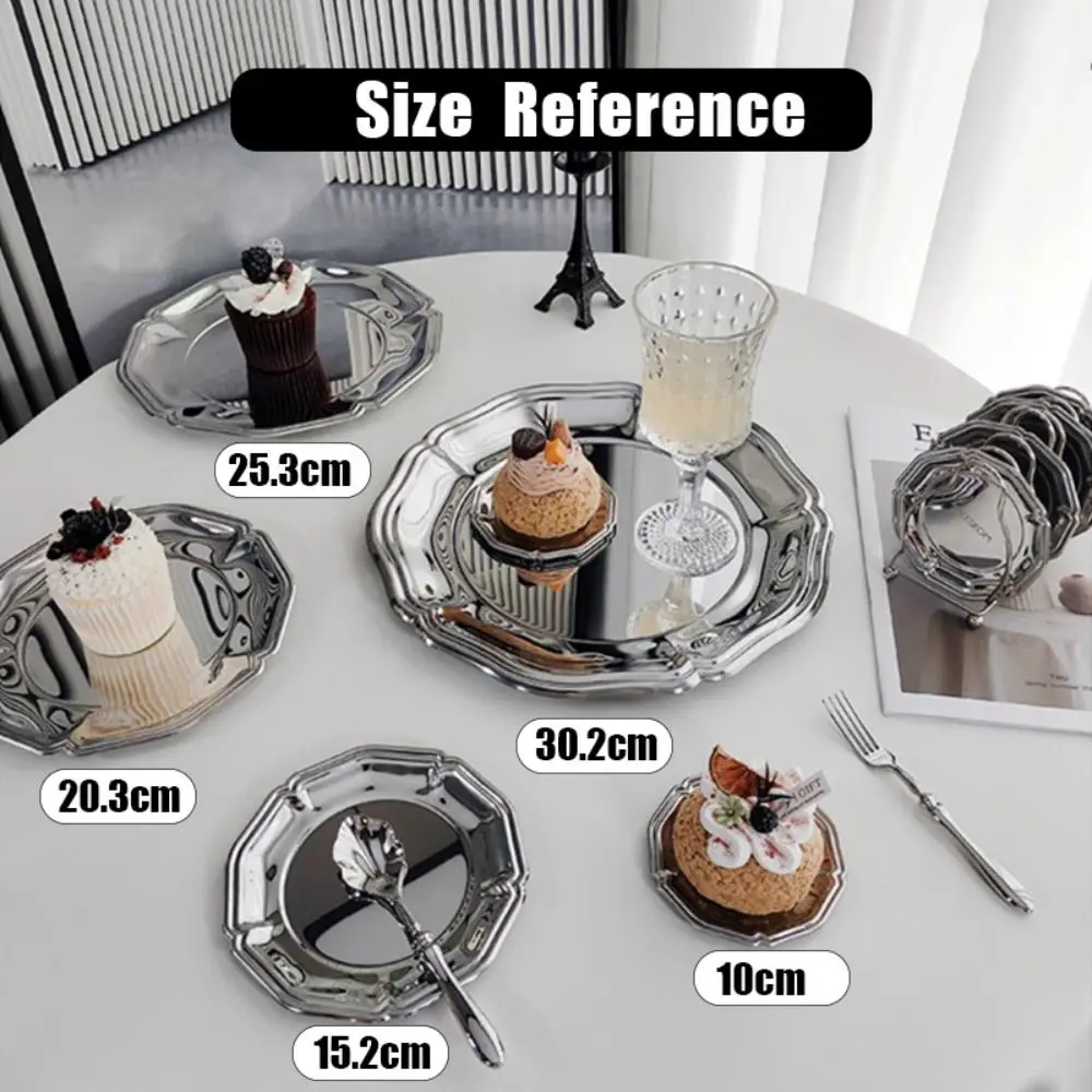 New Mirror Finish Stainless Steel Serving Tray Brushed Back Round Decorative Tray Silver Dessert Plate Home Party