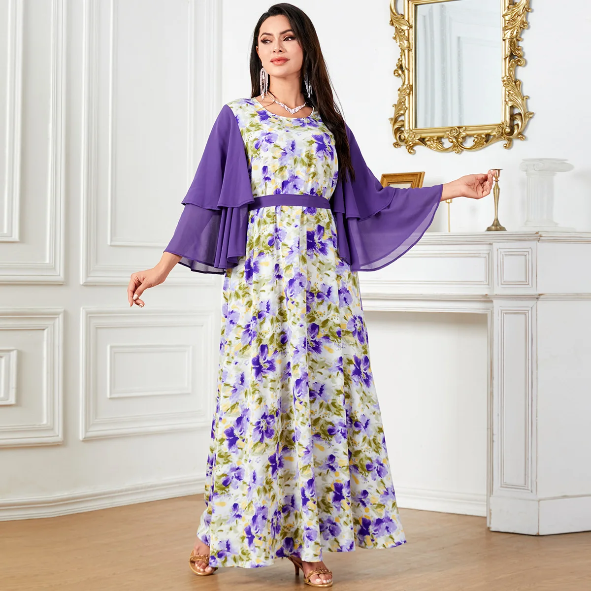 

Maxi Dresses Eid 2024 New Print Modest Long Flare Sleeve O-neck Elegant Maxi Belt Robe Dubai Abaya Dress For Women Muslim Print