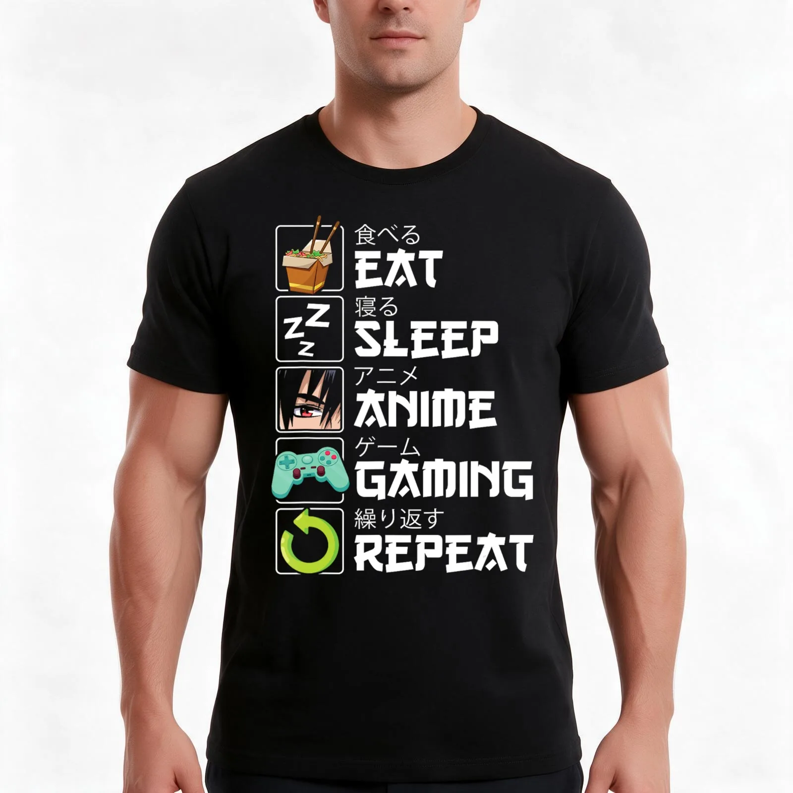 Eat Sleep Anime Gaming Repeat Kawaii Otaku Anime Manga T-Shirt, Summer Casual Cotton Tee, Oversized Streetwear Tops, 100% Cotton