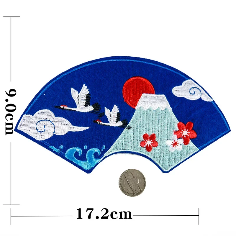 Large Japanese Style Fan Patch Embroidery Applique Iron on Patches for Clothing Stickers Mount Fuji DIY T-shirt Jacket Decor