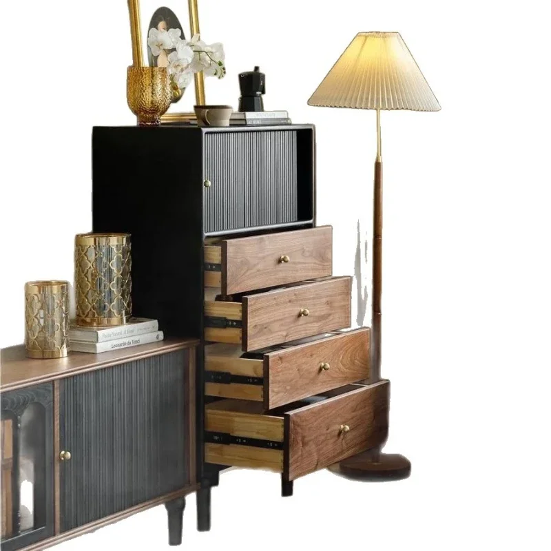 Retro wabi sandy wind black walnut color TV cabinet black small apartment living room antique furniture light luxury