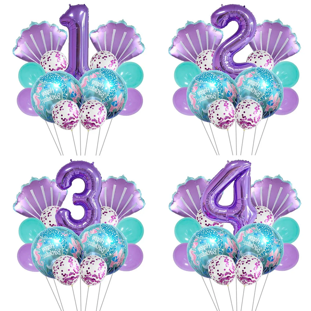 

13Pcs Mermaid Birthday Balloons 40inch Purple Number Shell Foil Balloon Girls Happy Little Mermaid 1st 2nd 3rd Birthday Balloons