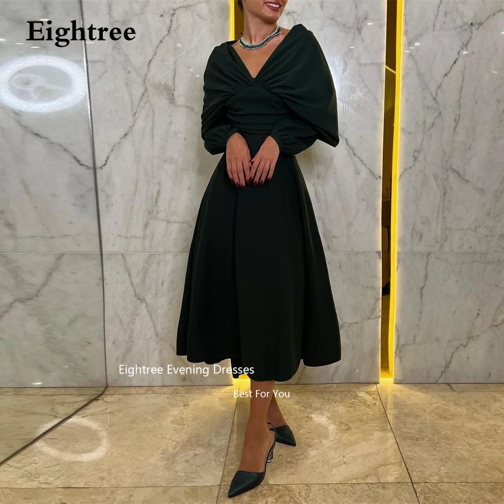 

Eightree Dark Green Arabia Evening Dresses Satin Long Sleeves Tea Length V Neck Formal Occasion Dresses Abendkleider Dubai 2023