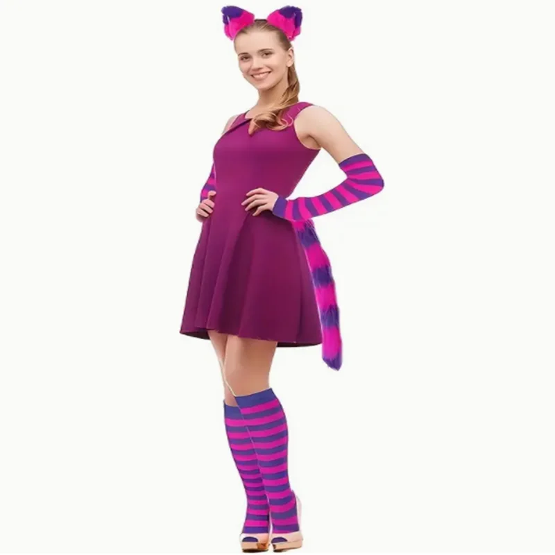 Set costume da gatto di Halloween con coda soffice, collare, fascia per capelli, guanti e calzini a righe - Poliestere e spandex, festa a tema animali