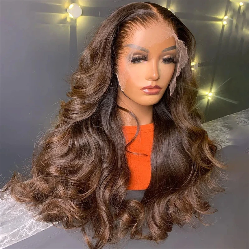 100% Natural Real Human Hair Wig Chocolate Brown 13x4 HD Lace Frontal Wig Brown Roots Pre Plucked Full Lace Wig Sale For Women