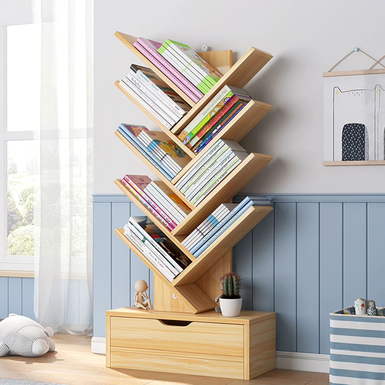 Modern Book Shelf Strong Bearing Capacity Space Saving with Drawer Book Storage 8-Tier Wooden Tree Bookshelf Living Room Decor