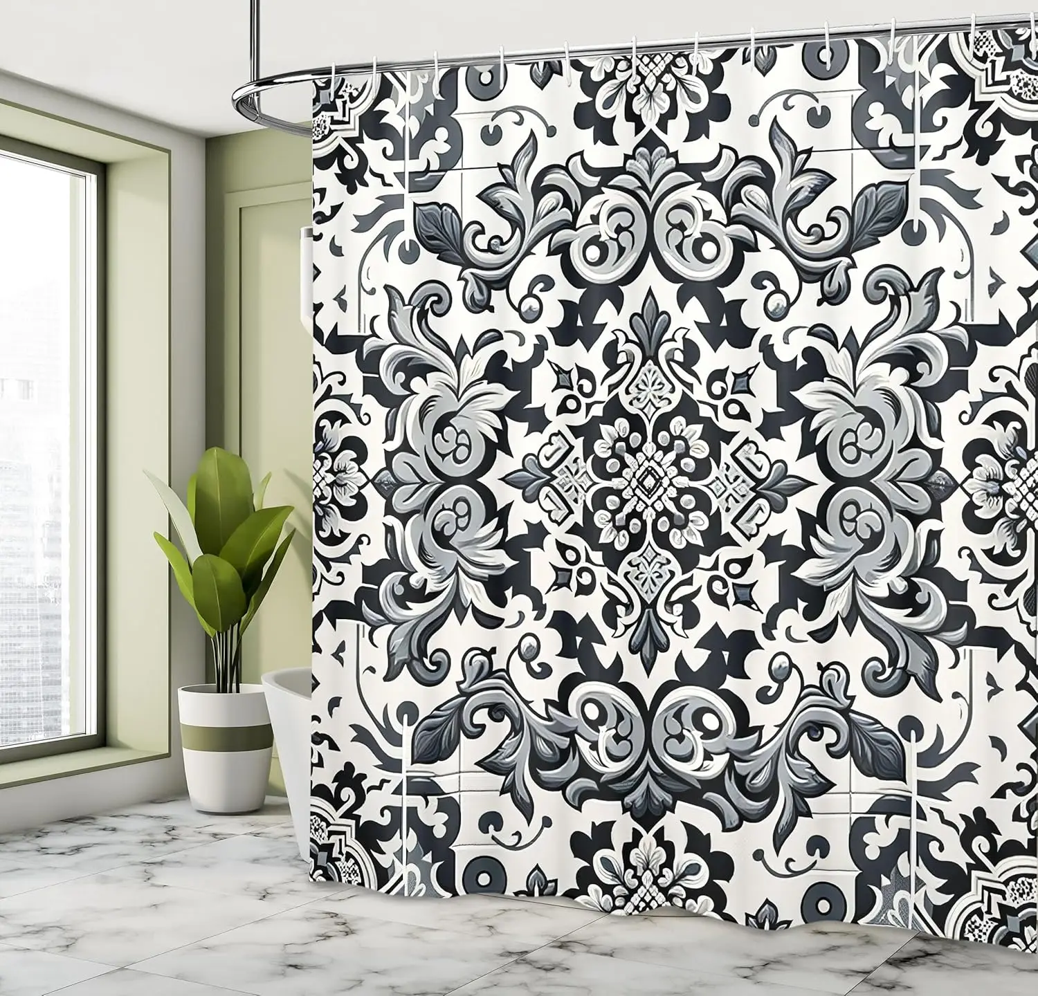 

Grey Shower Curtain, Classic Damask Motif with Curlicue Leaves and Oriental Trippy Floral, Cloth Fabric Bathroom Decor