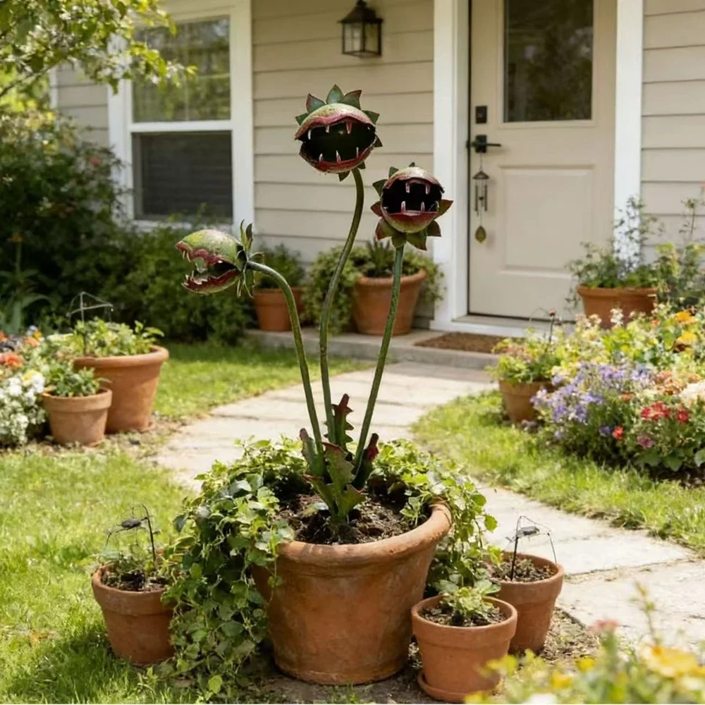 3-head Man Eating Flower Ground Ornament, Courtyard Lawn Landscape Simulation Plant Ground Ornament Craft Ornament